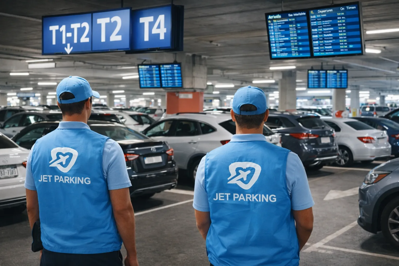 Conductores Jet Parking vigilando el parking del aeropuerto de Madrid Barajas